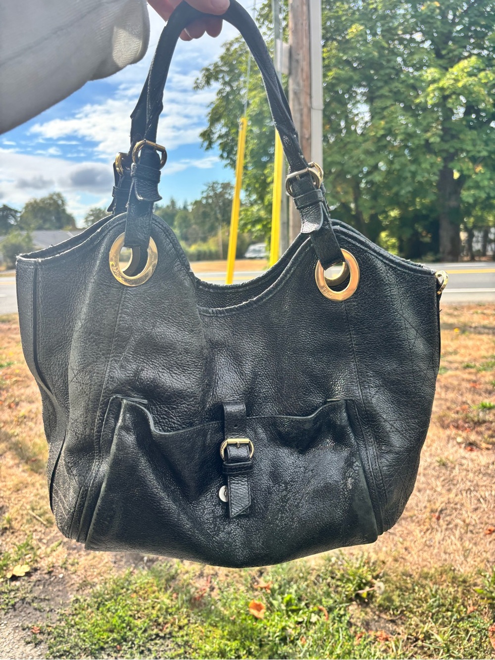 Vintage Christian Dior Black Leather Hobo Bag with Gold Hardware